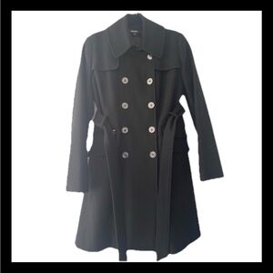 DKNY Black Double Breasted Tie Belt Collared A-Line Wool Peacoat